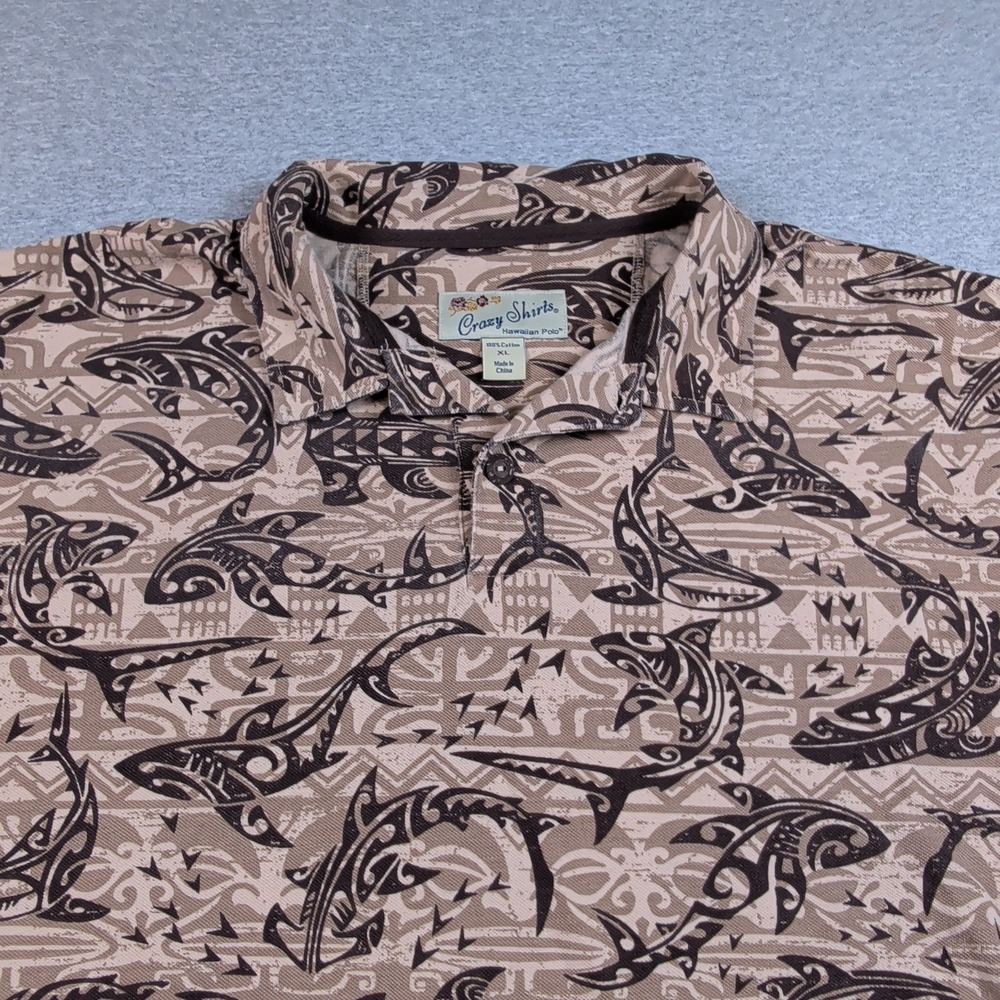 Crazy Shirts Hawaiian Polo Mens XL Tan Brown Tribal Shark Print Pique Cotton